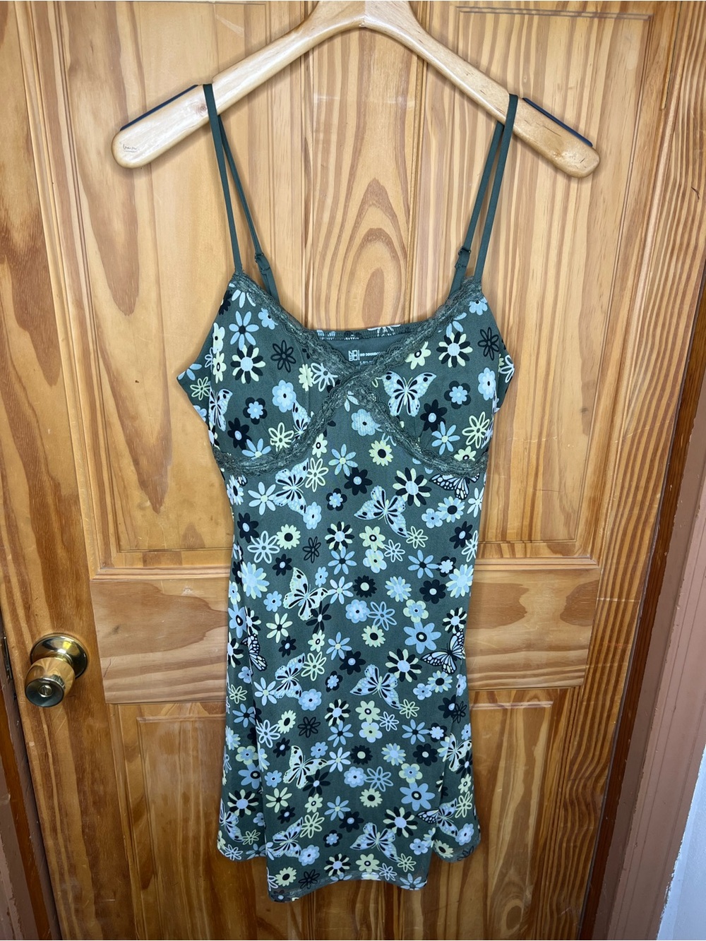 No Boundaries Olive Green Floral Slip Dress with Cream & Black Flowers
